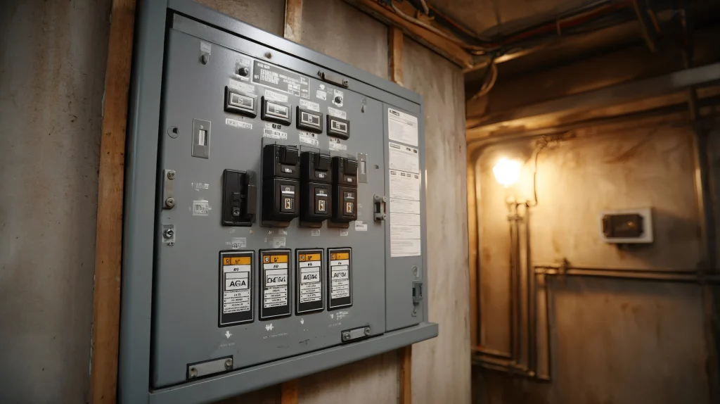 electrical panel showing circuit breakers and wiring in building basement photo 1